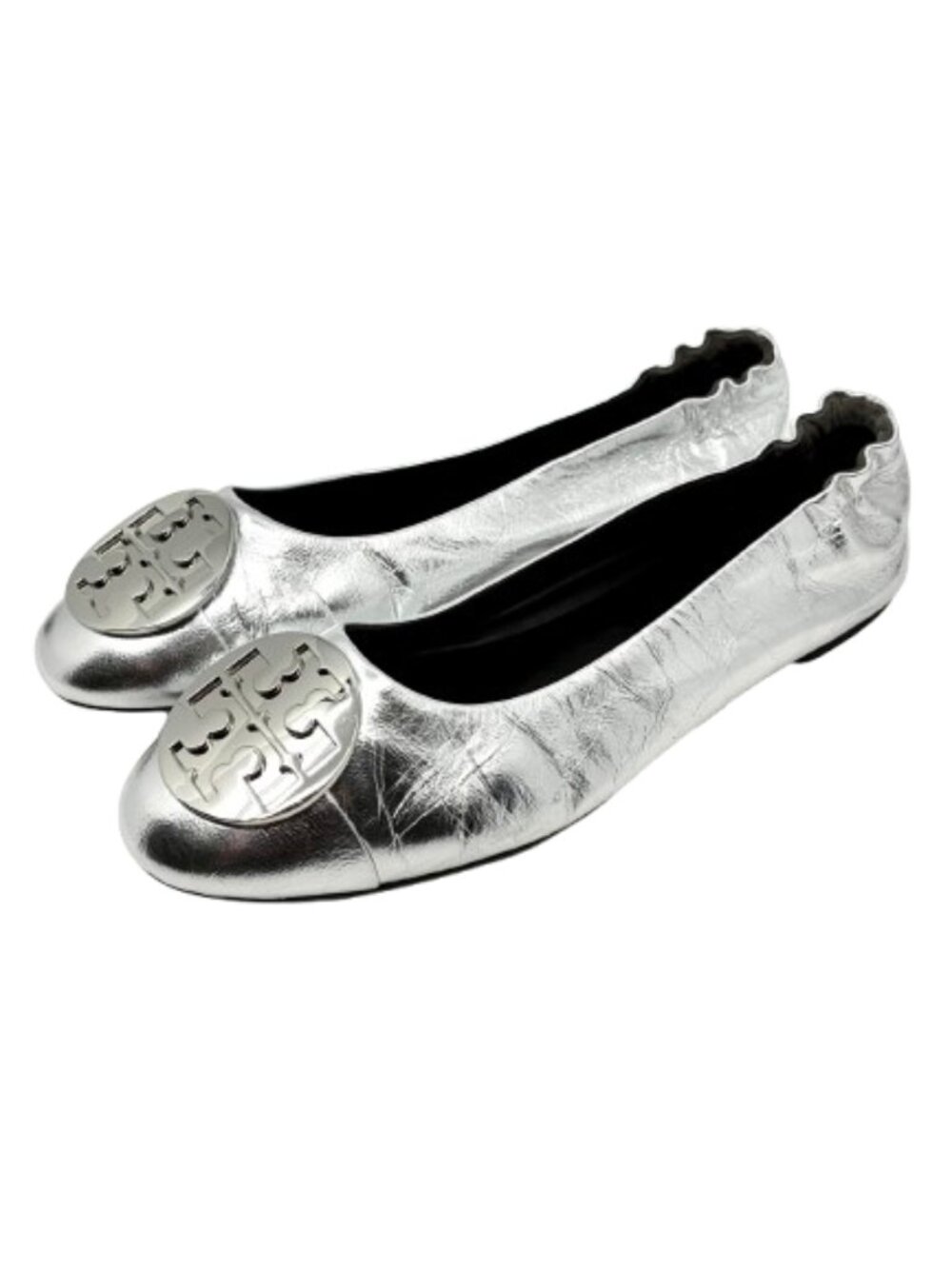 TORY BURCH~Reva Travel Ballet Flats Napa Leather Metallic Silver SZ 9 NEAR NEW